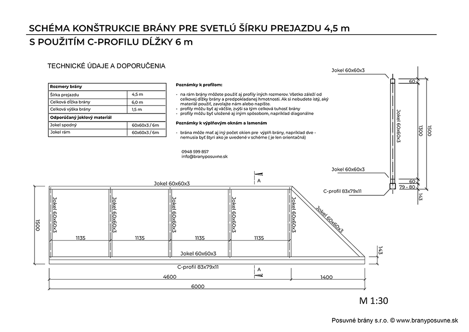 Orientačná schéma konštrukcie samonosnej posuvnej brány do šírky prejazdu 4,5 metra